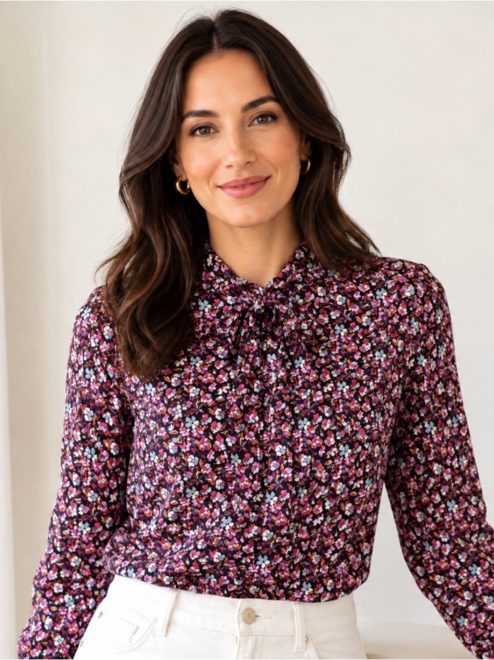 J. Crew x Liberty London Floral Bow-Tie Blouse in Burgundy and Pink